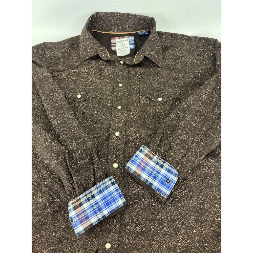 Panhandle Rough Stock XL Brown Paisley With Plaid Cuff Pearl Snap Shirt